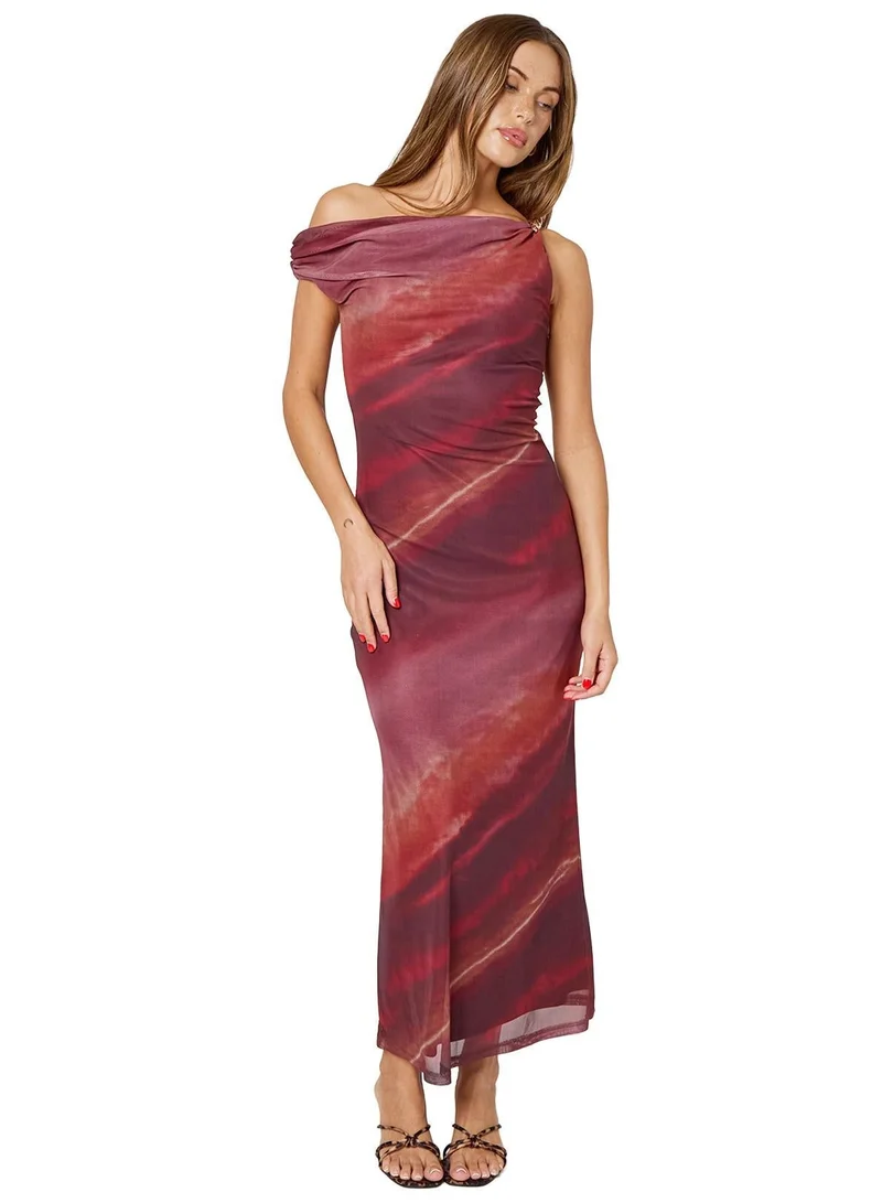 Urban Bliss Burgundy Off-The-Shoulder Tie-Dye Mesh Maxi Dress